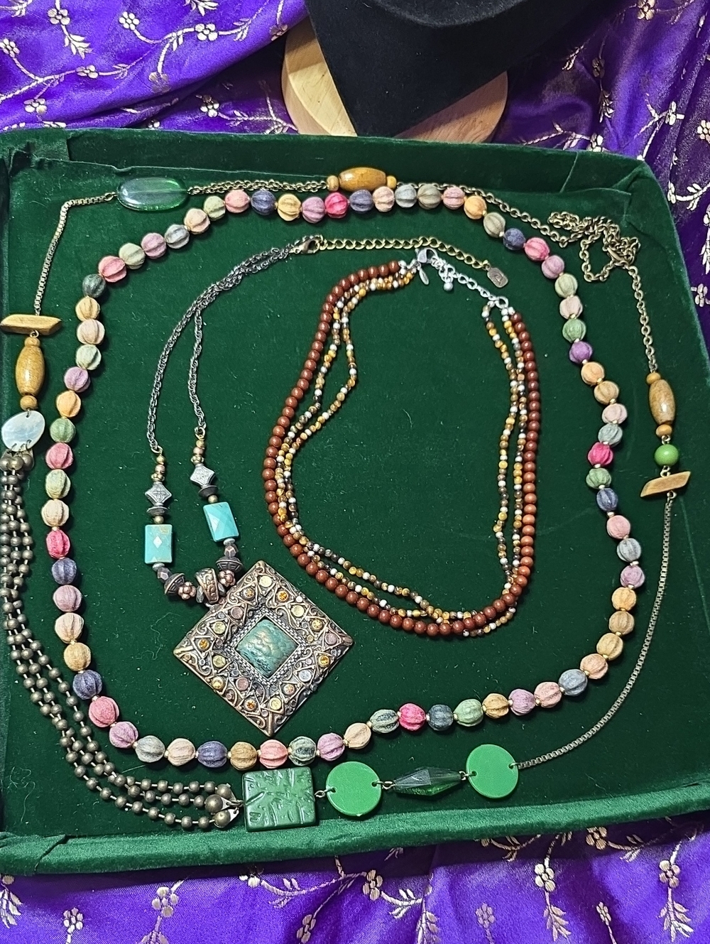 Bohemian Multi-Strand Beaded Necklace Set in Green, Pink, Brown